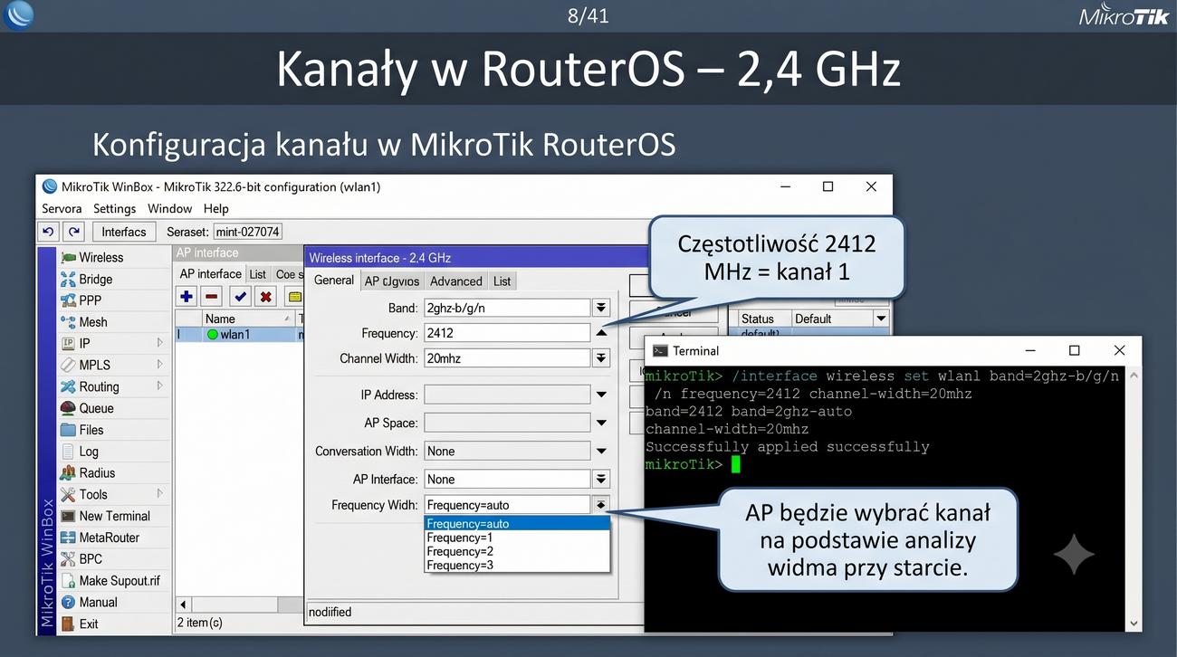 Zrzut z WinBox – ustawienia kanału 2,4 GHz