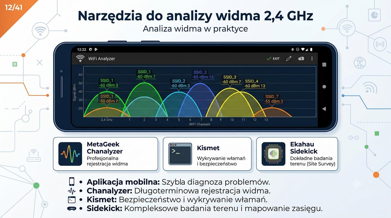 Zrzut z WiFi Analyzer – widmo 2,4 GHz z sieciami