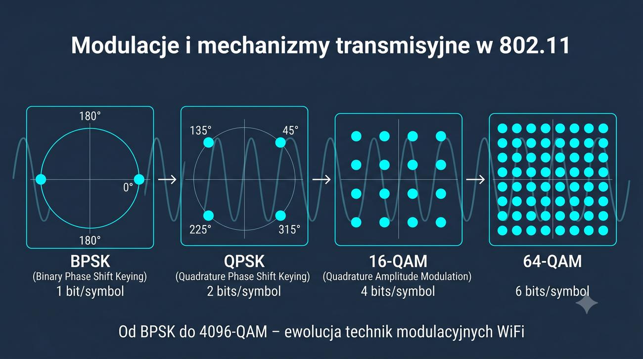 Konstelacje BPSK, QPSK, QAM na tle fali nośnej