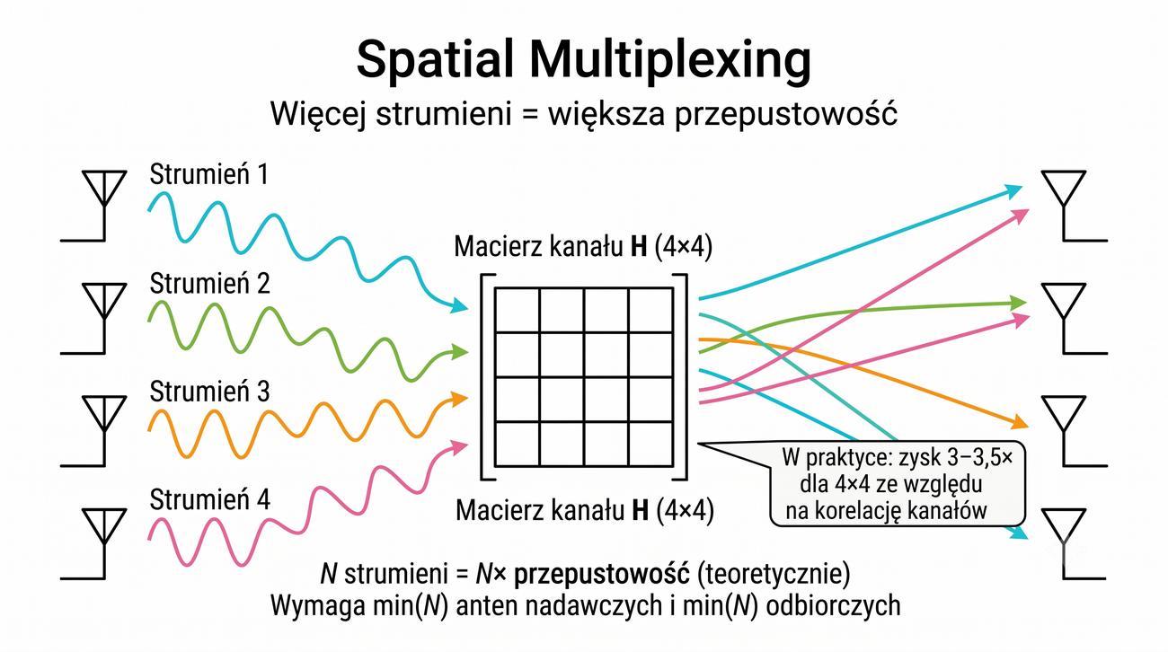 4 anteny nadają 4 różne strumienie do 4 anten odbiorczych