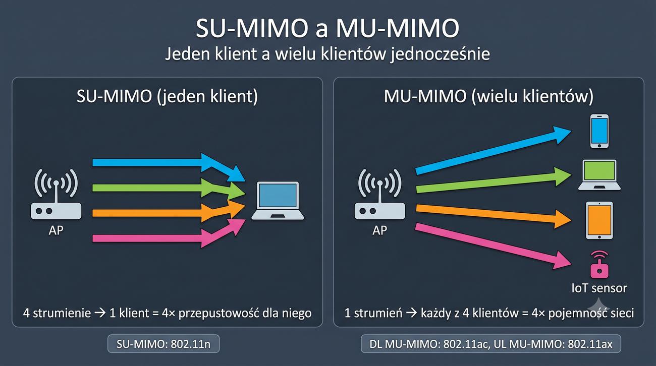 SU-MIMO (jeden klient, 4 strumienie) vs MU-MIMO (4 klientów, 1 strumień każdy)